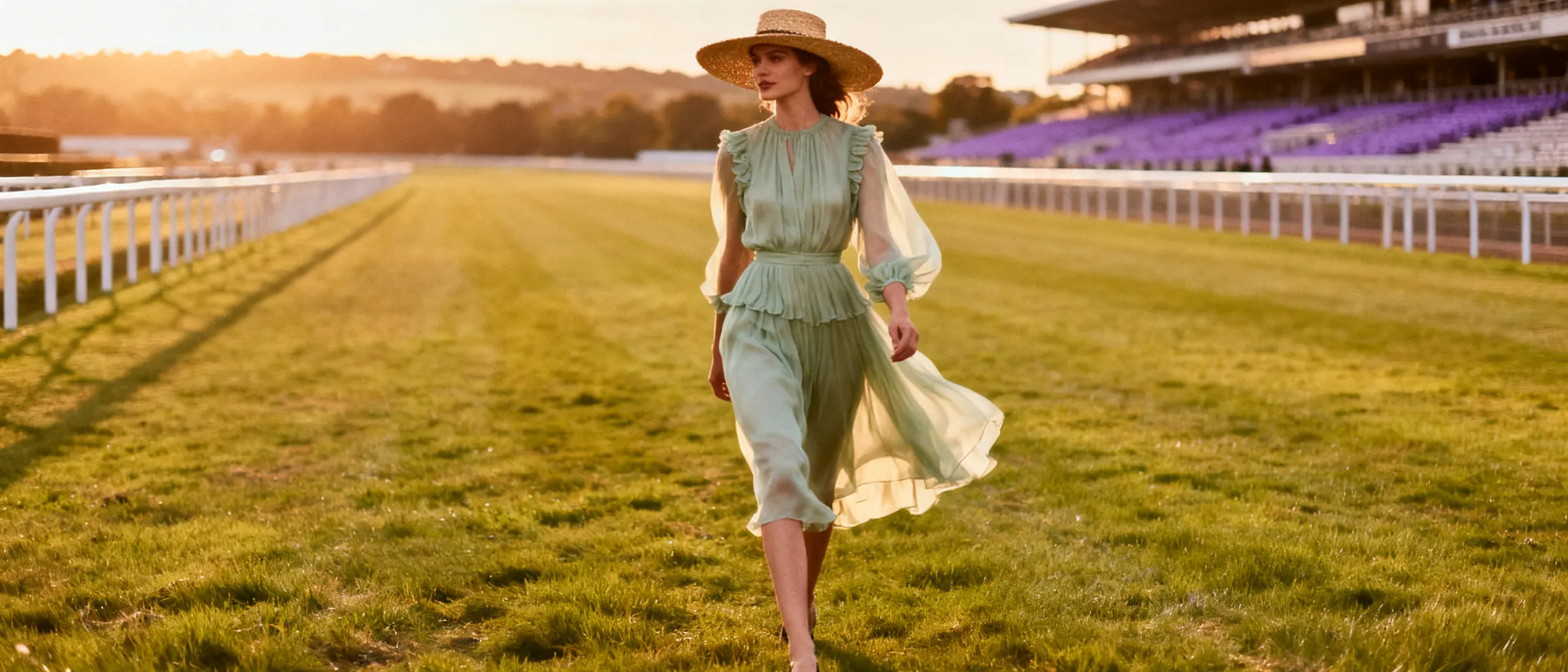 A model in a pale satin dress walking across a lawn in late summer light