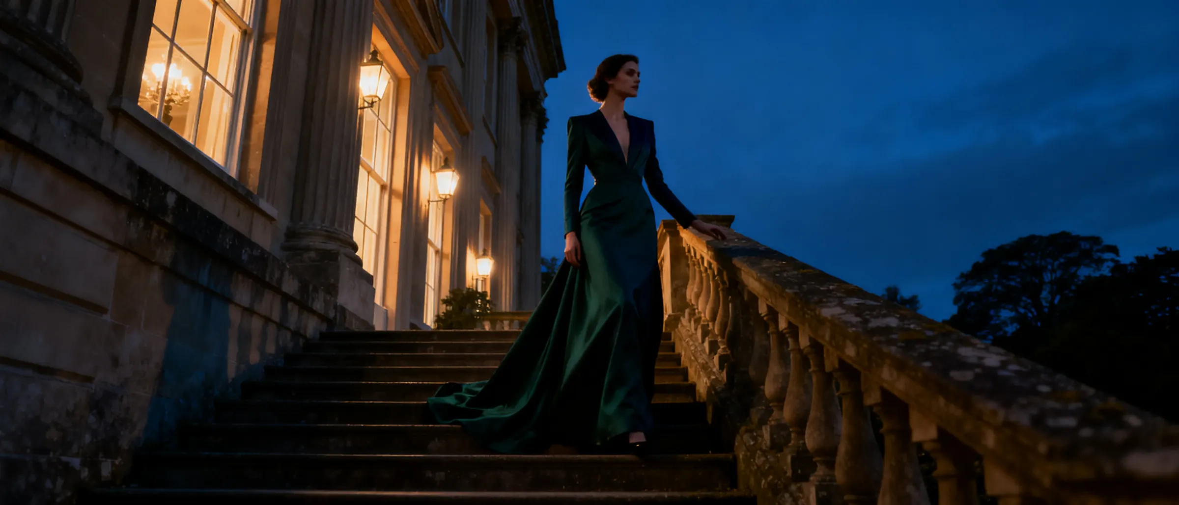 A model in a long dark evening dress on the stairs of a Georgian townhouse at dusk