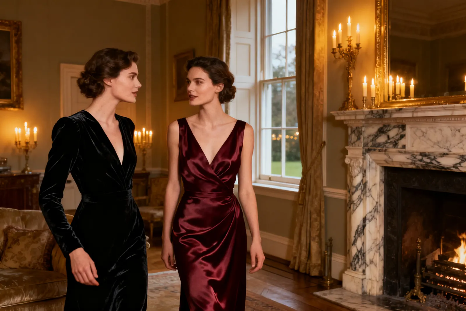 Two models in evening dresses in a candlelit drawing room