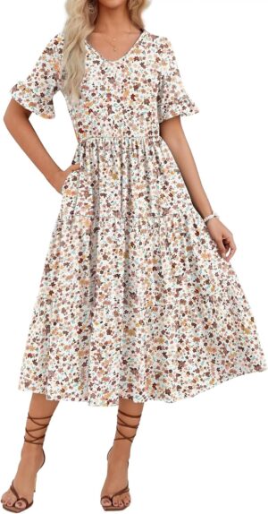 Zeagoo Women's Summer Dresses Midi Tiered Casual Dress Floral V Neck Ruffle Short Sleeve Flowy Beach Dress with Pockets