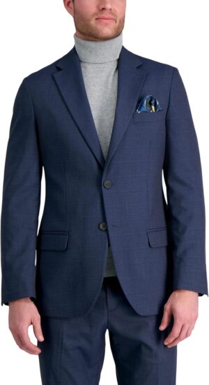J.M. Haggar Men's JMH Premium Stretch Tailored Fit Suit Separate Pants, Blue Windowpane-Jacket, 50