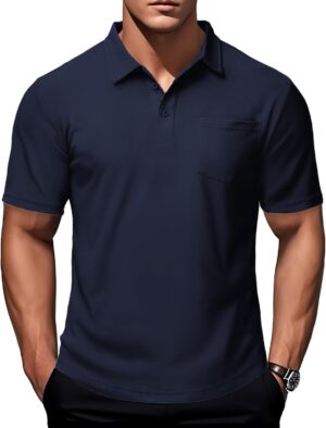MAGCOMSEN Polo Shirts for Men with Pocket Short Sleeve Collared Golf Shirts Quick Dry Pique Performance Athletic Summer