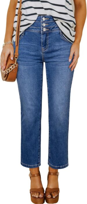 Sidefeel Women's High Waisted Tummy Control Jeans Strechy Trendy Button Up Ankle Zimbaplatinum Denim Pants