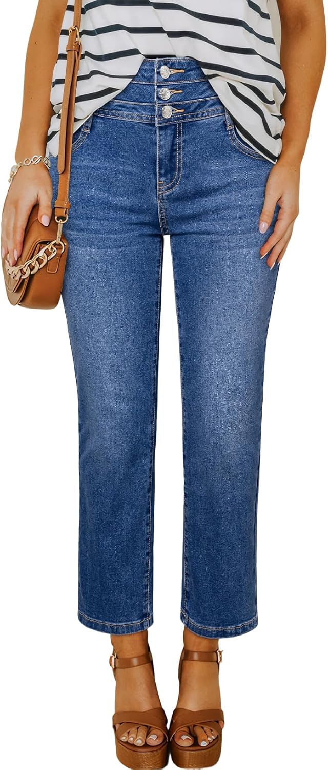 Sidefeel Women's High Waisted Tummy Control Jeans Strechy Trendy Button Up Ankle Zimbaplatinum Denim Pants