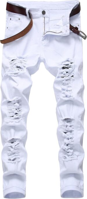 Men Ripped Jeans, Slim Fit Straight Leg, Denim Pants with Holes