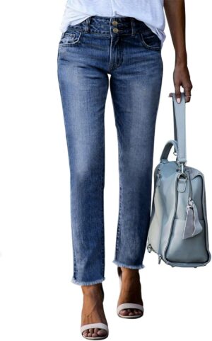Sidefeel Women's High Waisted Jeans Strechy Fashion Raw Hem Straight Leg Ankle Denim Pants with Pockets