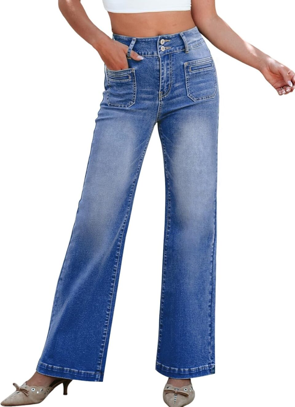 Sidefeel Women's Wide Leg Jeans High Waisted Tummy Control Stretchy Pockets Front Straight Leg Jeans