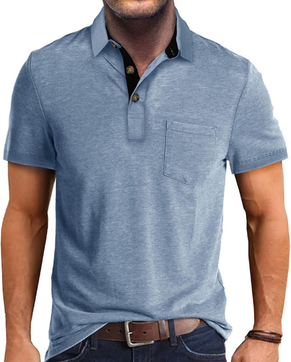 Men's Fashion Casual Polo Shirts Cotton Slim Fit Button Short Sleeve Basic Golf Work Tops