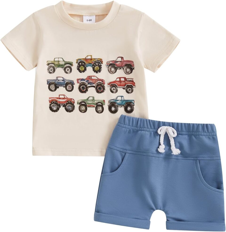 Toddler Baby Boy Summer Clothes Trucks Letters Short Sleeve T-shirt Top Elastic Waist Shorts Set Summer Outfit 2Pcs