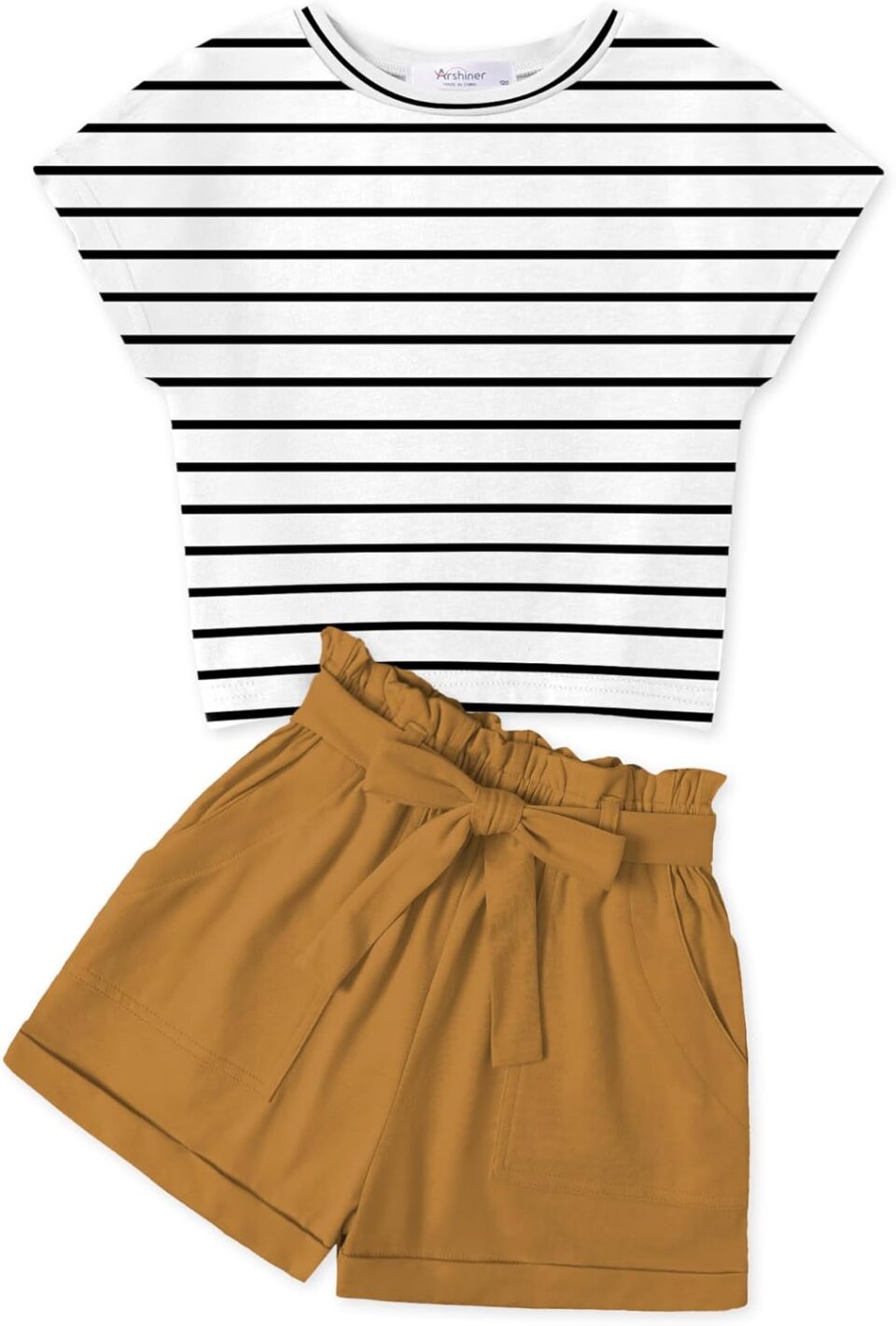 Arshiner Girls 2 Piece Outfit Summer Drop Shoulder Batwing Sleeve Tops and Paperbag Waist Shorts Set Cute Clothing Size 6-14