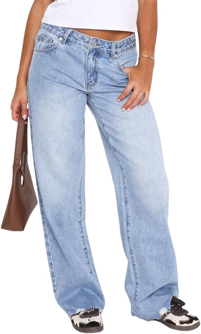 Women's Wide Straight Leg Jeans Mid Low Waist Baggy Frayed Raw Hem Loose Boyfriends Denim Pants Casual Trousers