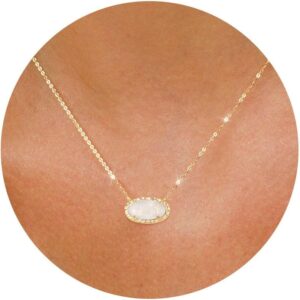 TLY Gold Necklace for Women 14k Gold Plated Non Tarnish Dainty Gemstone Crystal Oval Pendant Necklace Rose Quartz Druzy Stone Choker Necklace Birthday Wedding Everday Jewelry Gifts for Mom
