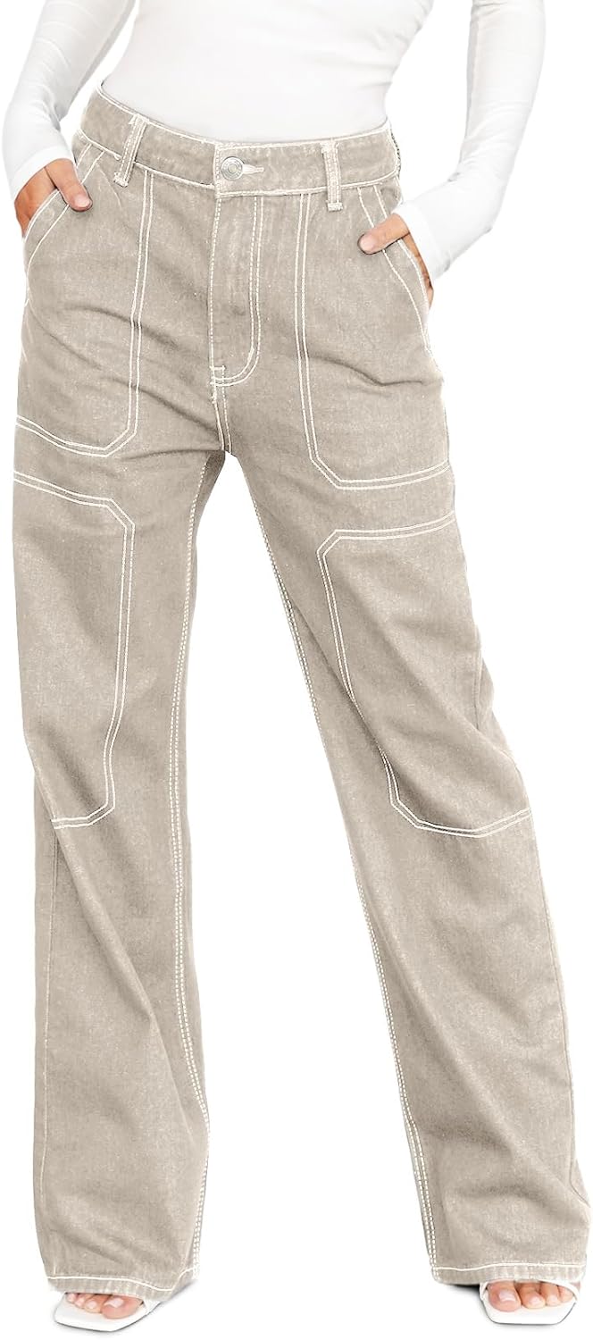 Dokotoo Women's Casual Mid Waist Cargo Jeans Stretch Wide Leg Denim Pants with Pockets