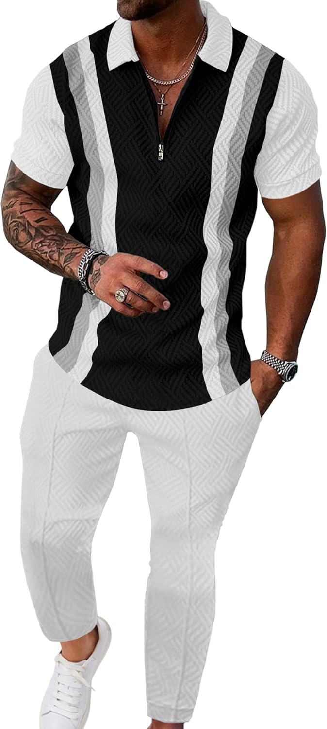 UOUA Mens Sweat Suits Set Tracksuit 2 Piece Outfits Short Sleeve Casual Sweatshirt & Loose Jogging Pants