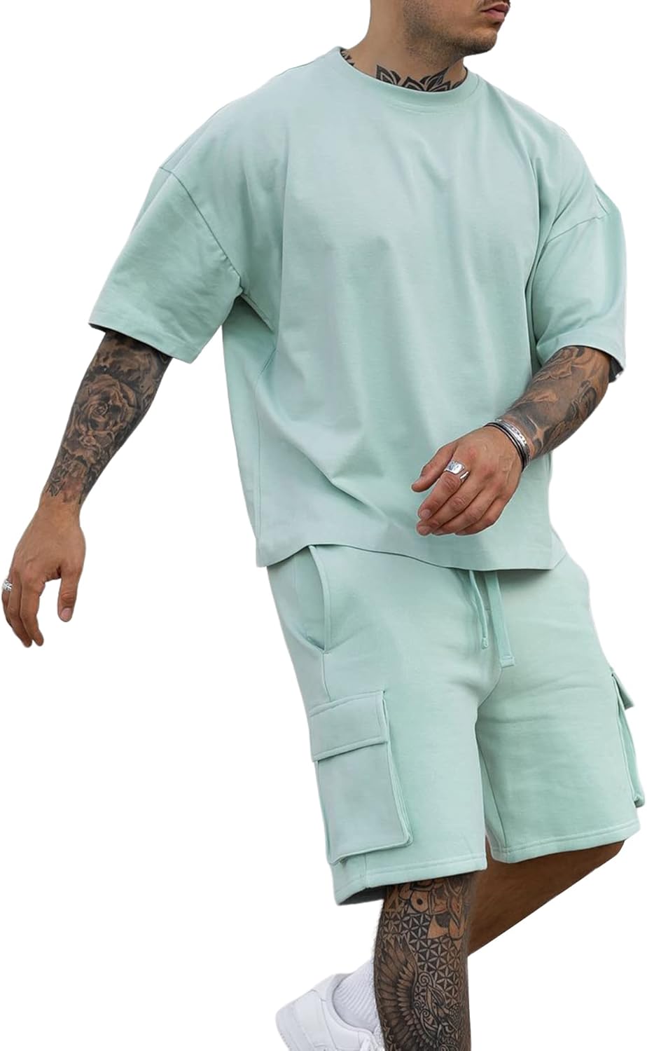 YawYews Men's 2 Piece Outfits Casual Tracksuit Cargo Shorts Summer Athletic Drop Shoulder Sleeve Sportwear Set