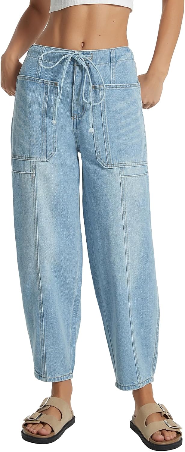 Women's Wide Leg Baggy Jeans Elastic Mid Rise Barrel Jean Loose Boyfriend Denim Pants with Drawstring