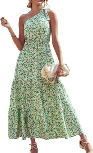 PRETTYGARDEN Women's Summer Floral One Shoulder Maxi Dress Knot Ruffle Boho Beach Vacation Wedding Guest Long Dresses