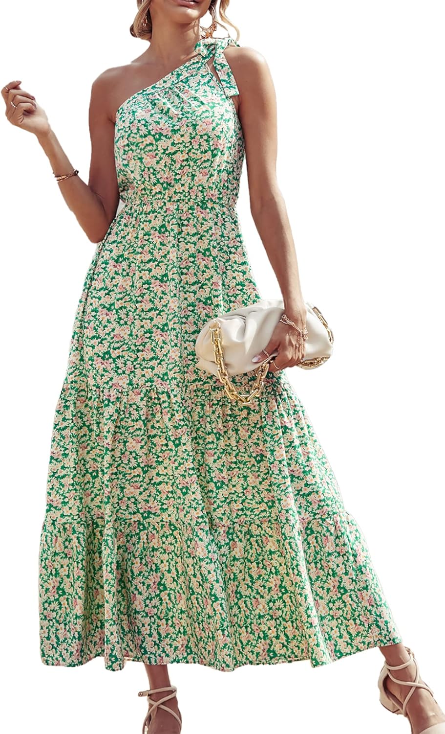 PRETTYGARDEN Women's Summer Floral One Shoulder Maxi Dress Knot Ruffle Boho Beach Vacation Wedding Guest Long Dresses