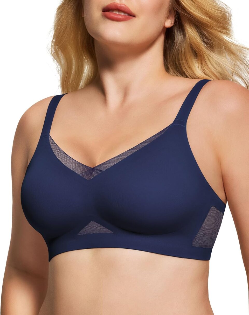 Womens Bra No Underwire Seamless Wireless Bra with Soft Support V Neck Mesh Bras Lace Bralette Everyday Bra
