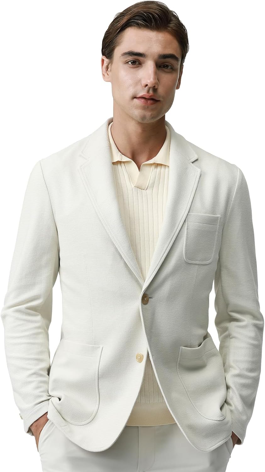 Blazer for Men Cotton Blend Sport Coat Knit Casual Jacket Half Lining Two Buttons Notch Lapel Double Vent