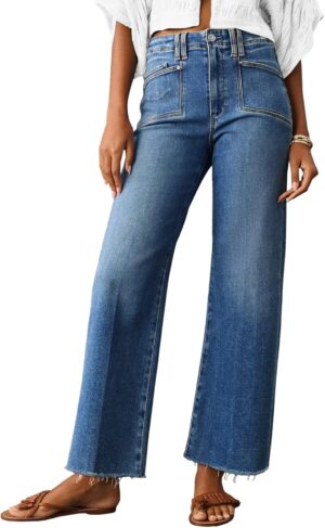 Cicy Bell Womens High Waisted Cropped Jeans Trendy Stretchy Baggy Straight Leg Raw Hem Capri Denim Pants