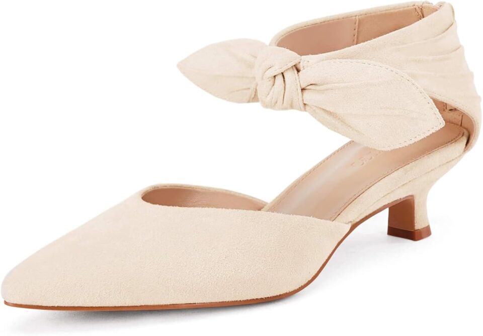 Coutgo Womens Low Kitten Heels Dress Shoes Closed Pointed Toe Bowknot Ankle Strap D'Orsay Zipper Pumps