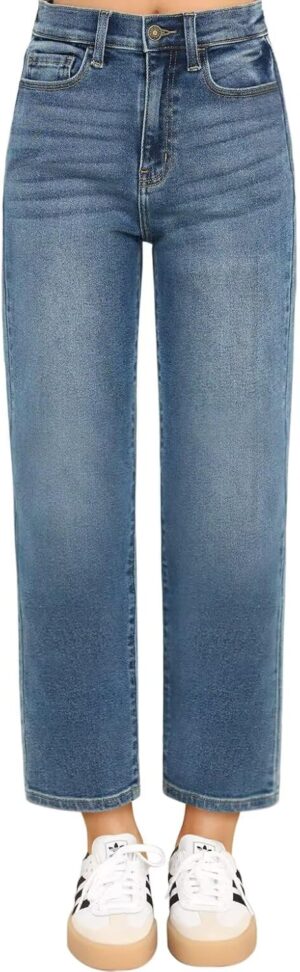 KDF Women's Cropped Straight Leg Jeans - High Waisted Jeans for Women 7/8 Length Denim Pants with Crop Hem