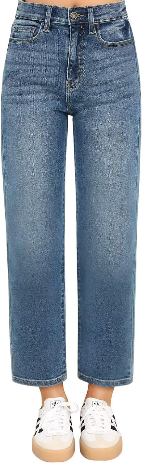 KDF Women's Cropped Straight Leg Jeans - High Waisted Jeans for Women 7/8 Length Denim Pants with Crop Hem