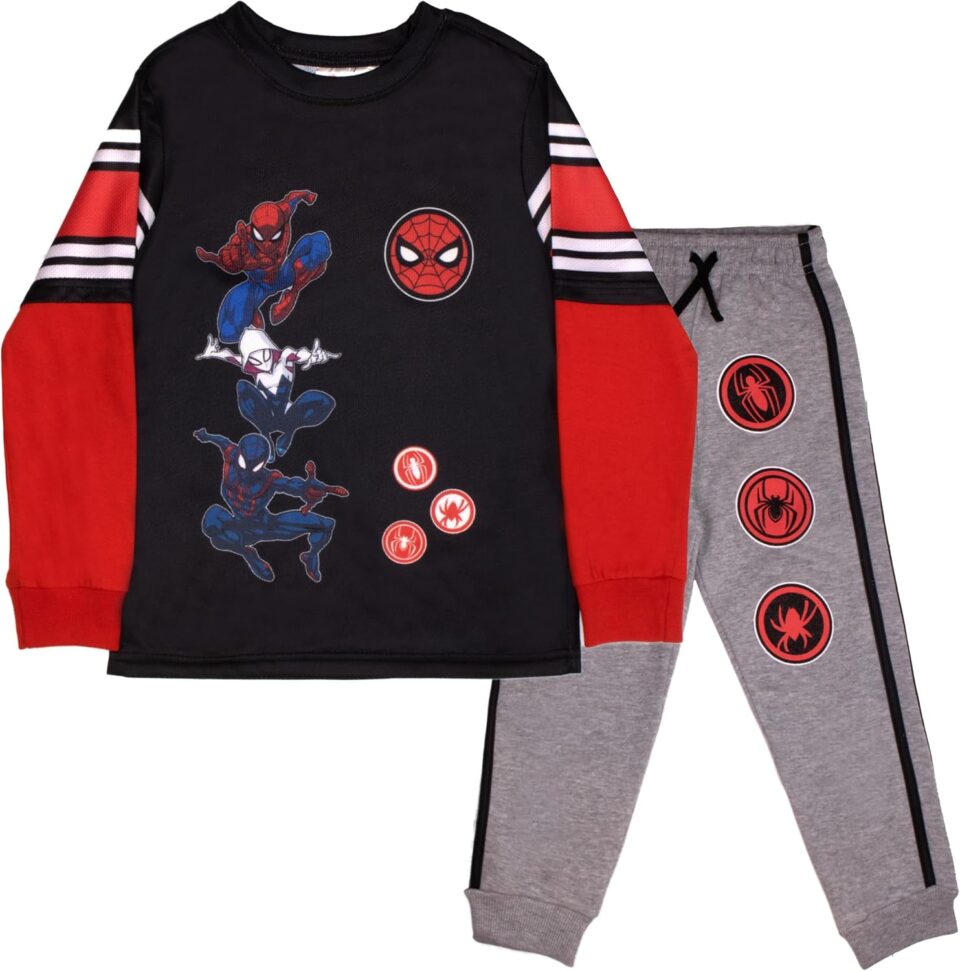 Marvel Superheroes Avengers and Spider-Man 2-Piece Set, Boys Long Sleeve Active Mesh T-Shirt & Pants 2-Pack Bundle Set