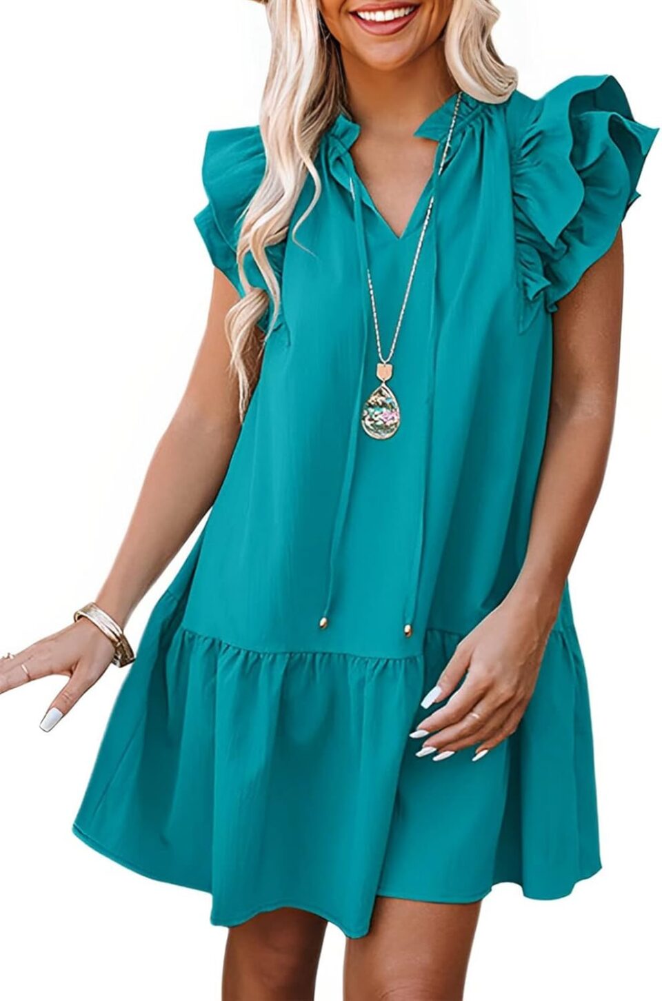 Dokotoo Womens Summer Dresses 2025 V-Neck Drawstring Ruffle Cap Short Sleeve Side Pockets Mini Dress Sundress