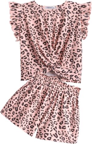 Arshiner Girls Shorts Sets 2 Pieces Outfits Twist Front Ruffle Sleeve T-Shirts and Shorts With Pockets Cute Clothes Sets