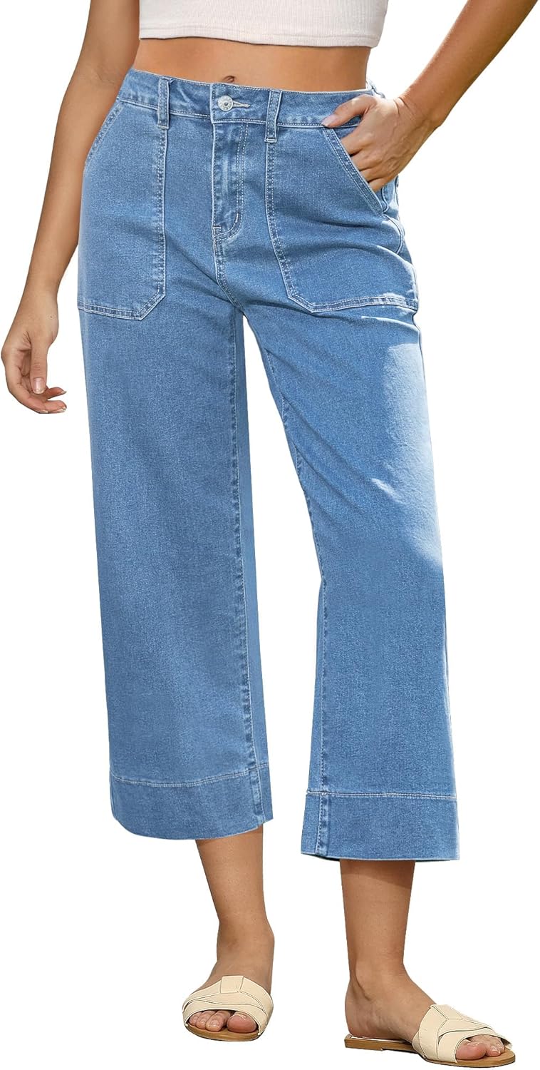 GRAPENT Capri Jeans for Women High Waisted Wide Leg Trendy Strechy Loose Straight Cropped Denim Jeans Pants with Pockets