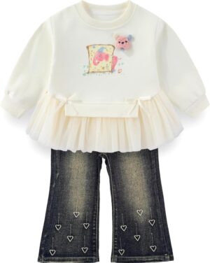 Peacolate 2-7T Spring Fall Little Girls 2pcs Clothing Set Long Sleeve T Shirt and Boot-cut Jeans