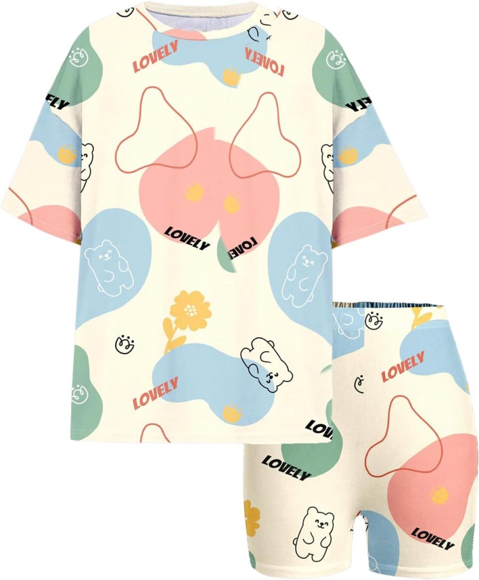 Girl's 2 Piece Outfits Cute Cartoon Graphic Short Sleeve T Shirt and Skinny Shorts Clothing Set