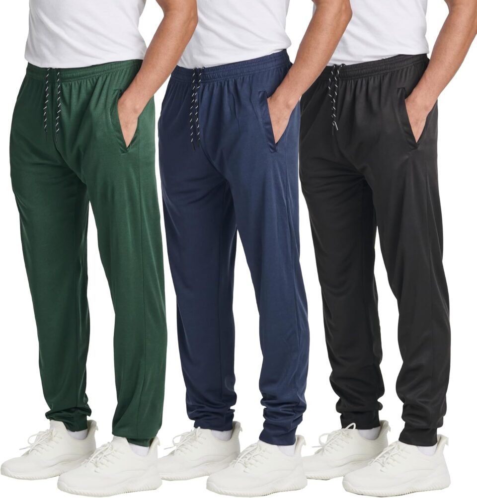 Real Essentials 3 Pack: Men's Tech Mesh Active Athletic Casual Jogger Sweatpants with Pockets(Available in Big & Tall)