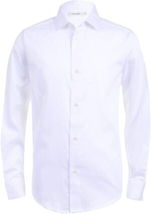 Calvin Klein Boys' Long Sleeve Buttoned Cuffs & Shirttail Hem Sateen Dress Shirt