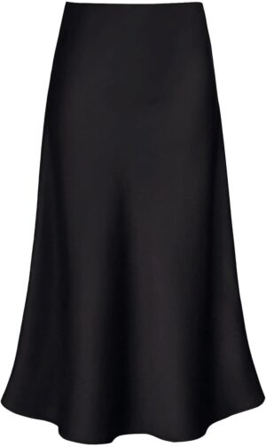 Women's Satin High Waist Hidden Elasticized Waistband Flared Casual A Line Midi Skirt
