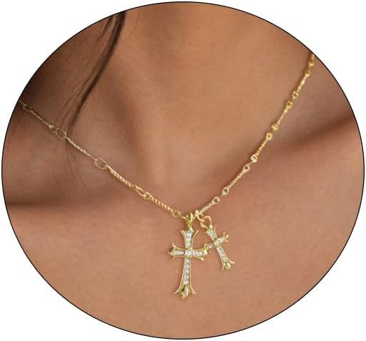 Cross Necklace 14K Gold/Silver Plated Double Cross Pendant Necklace Dainty Diamond Cross Charm Link Chain Choker Delicate Faith Jewelry Religious Gifts for Women