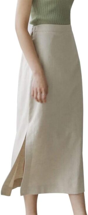Ylingjun Womens High Waisted Straight Cotton Linen Long Skirt with Slit