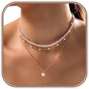 Zeffy Gold Pearl Necklace for Women, Dainty 14K Gold/Silve Plated Layered Pearl Choker Pearl Earrings Pearl Bracelets Wedding Trendy Gold Jewelry Set for Women Gifts