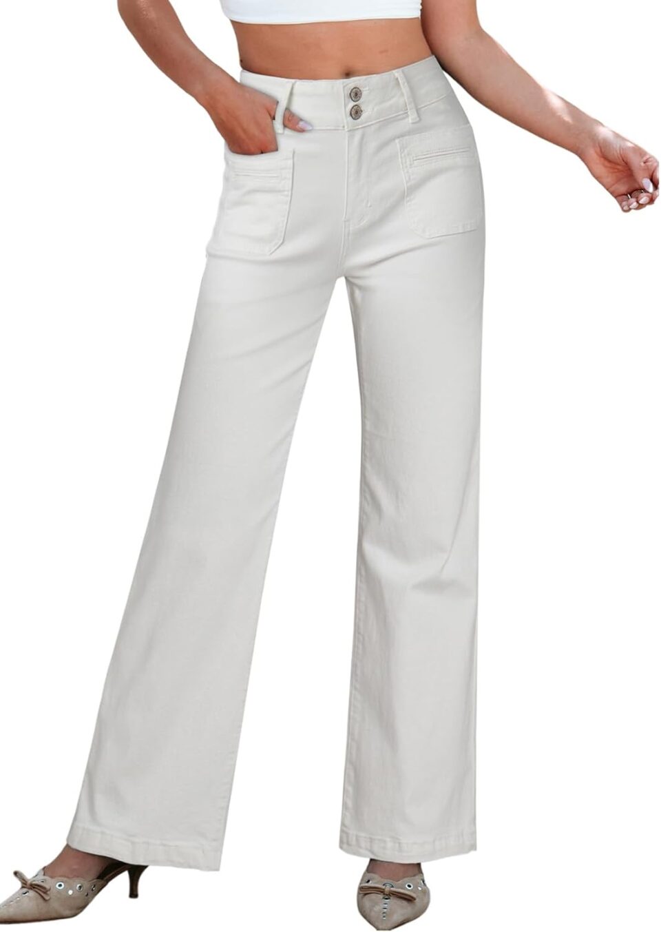 Sidefeel Women's Wide Leg Jeans High Waisted Tummy Control Stretchy Pockets Front Straight Leg Jeans