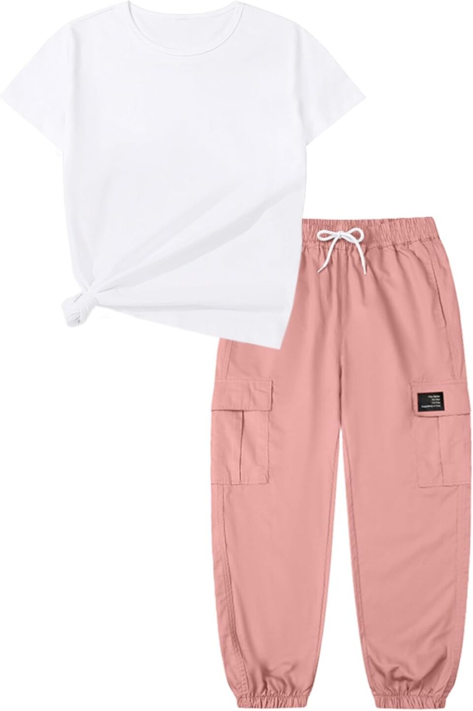 Betusline 2 Piece Clothes Set For Girls,Cute Short Sleeve Printed Tops and Cargo Jogger Pants Summer Clothes Set，4T-14Years
