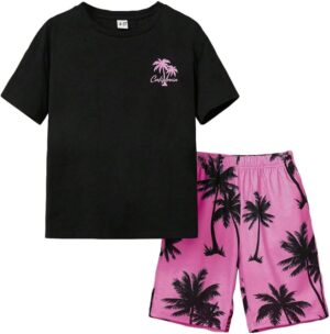 Kid Toddler Baby Boys Clothes Boy Coconut Tree Print Tee Drawstring Waist Summer Shorts Set