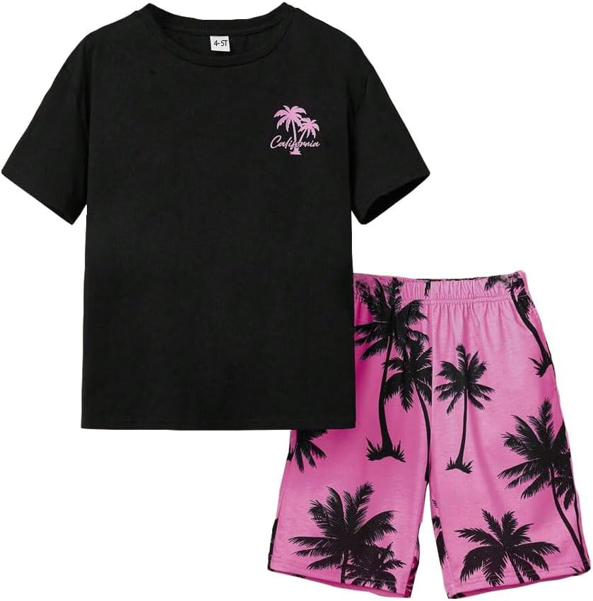 Kid Toddler Baby Boys Clothes Boy Coconut Tree Print Tee Drawstring Waist Summer Shorts Set