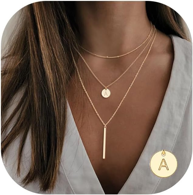 Gold Initial Layered Necklaces for Women, 14K Gold Plated Coin Letter Necklace Bar Stacking Layer Necklace Multi Bar Layering Y-Necklaces Jewelry for Women