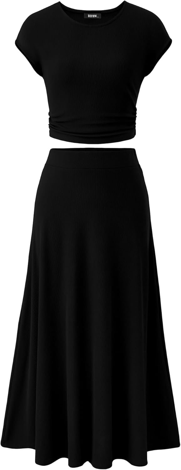 BTFBM Women Two Piece Skirt Set Summer 2025 Casual Vacation Crew Neck Short Sleeve Cropped Top Elastic Waist Midi Skirts