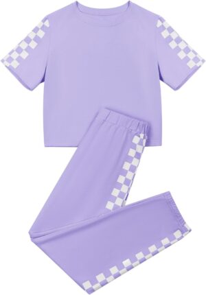 Haloumoning Kids 2 Piece Outfits Girls Summer Plaid Short Sleeve T-Shirts and Pants Set Fashion Clothing Sets