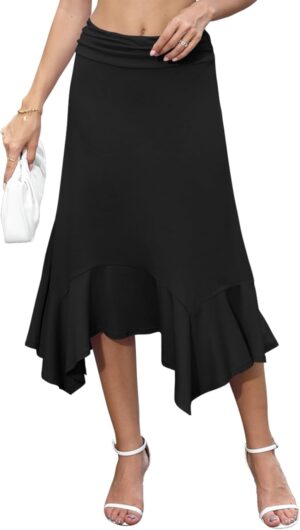 Stretchy High Waisted Midi Skirt for Women Handkerchief Hemline Soft Fit Flowy Summer Casual Skirts