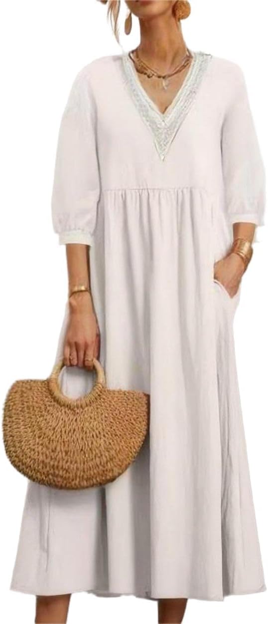 Costaric Cotton Dress for Women 2025 Summer Cotton Linen 3/4 Sleeve Midi Dress Casual Loose Beach Dress with Pockets