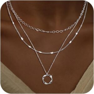 Silver Layered Necklaces for Women, Stackable Dainty Silver Choker Necklaces for Women Trendy Layering Circle Bar Pendant Chain Necklace Fashion Jewelry Set Gifts for Women Teen Girls